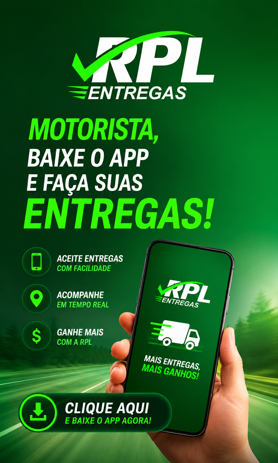 Banner RPL Entregas: motorista, baixe o app e faça suas entregas